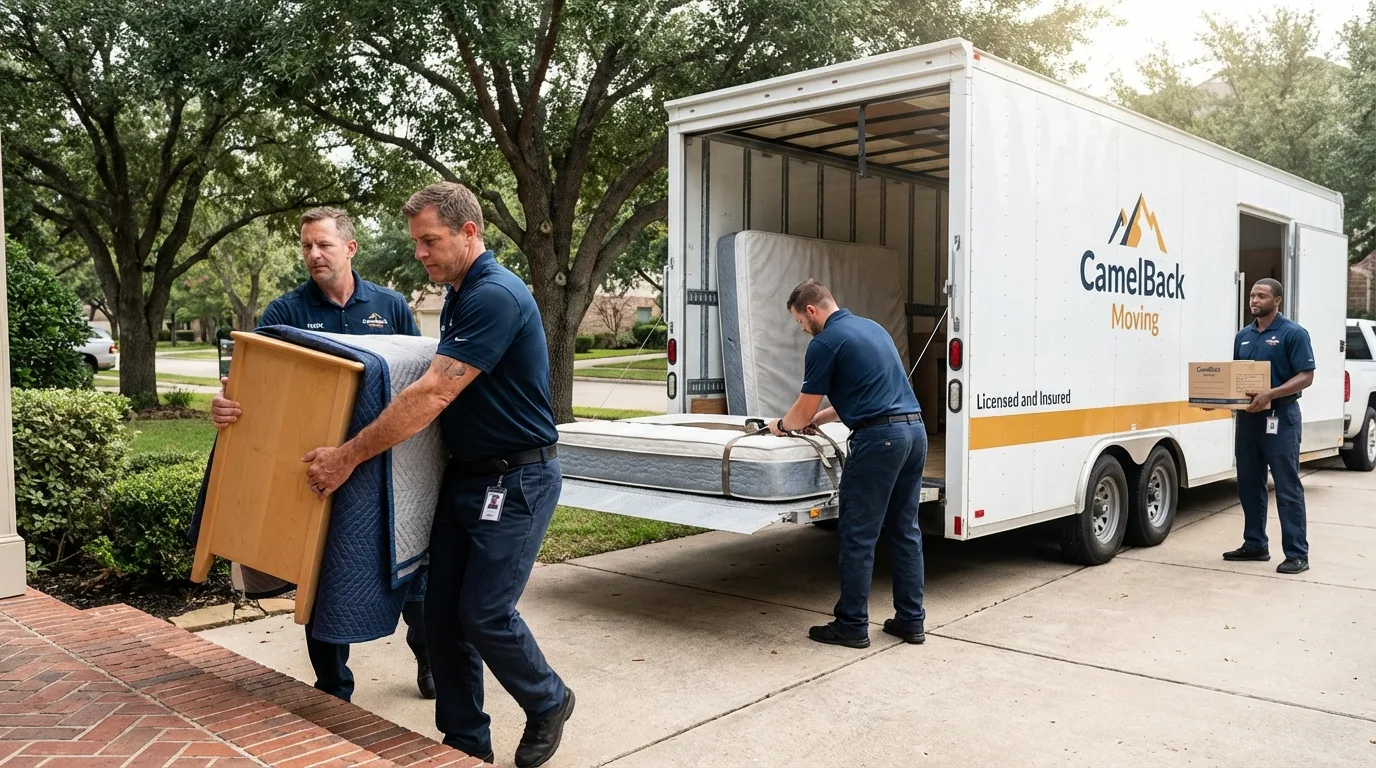 Crew loading residential truck for cross-state move from Palm Springs, CA