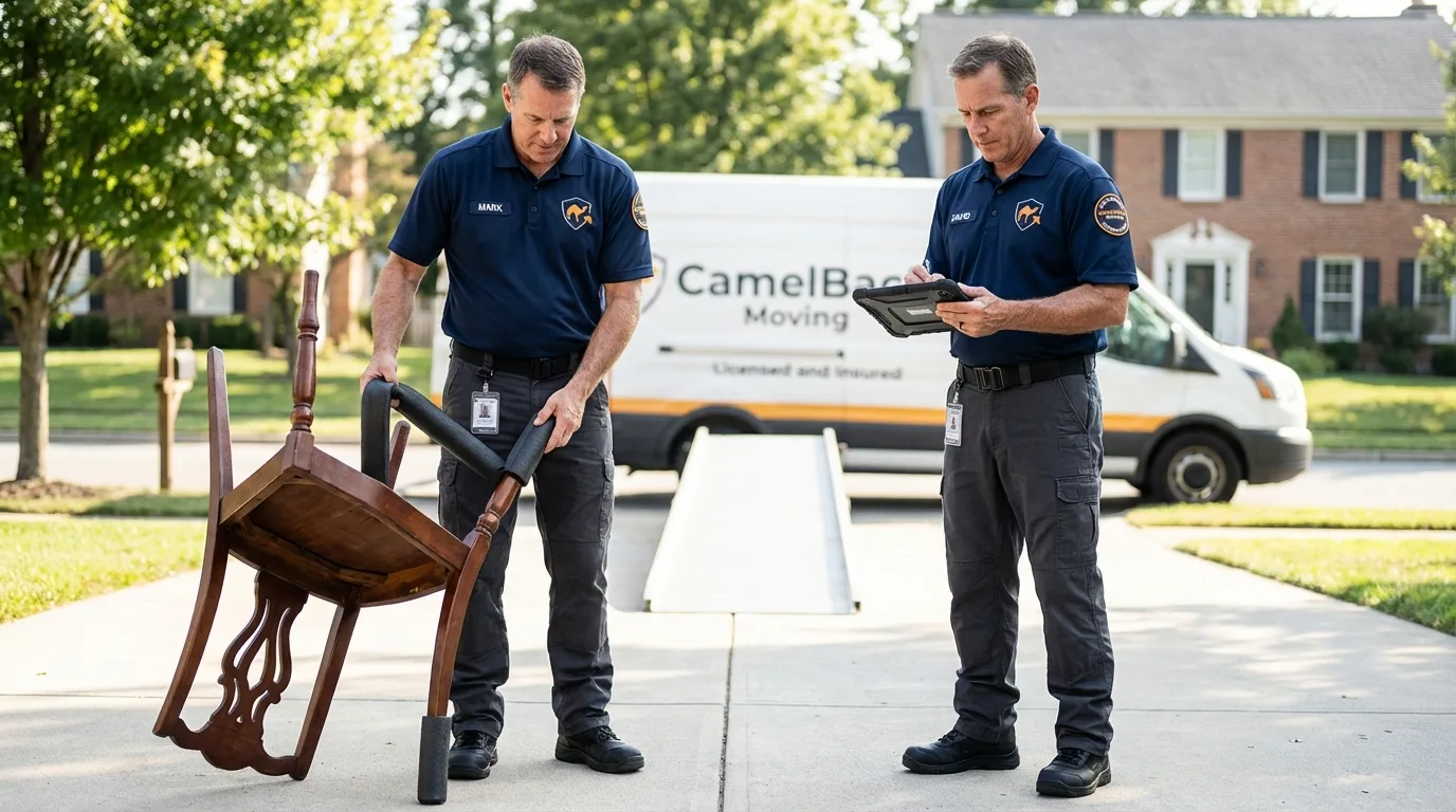 Movers inspecting furniture for damage prevention before loading in Palm Springs, CA