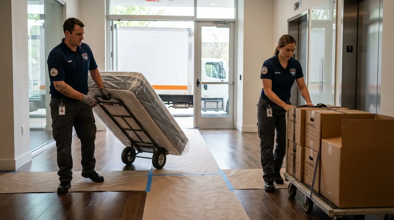Professional apartment movers loading elevator in Palm Springs, CA